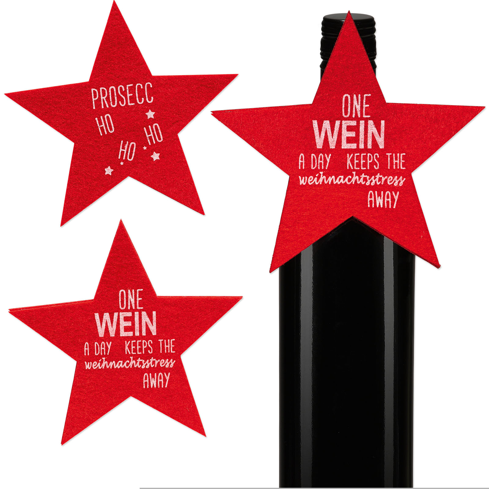 Anhänger Stern Weinspruch mit Gummiband, rot,Filz Ø14cm