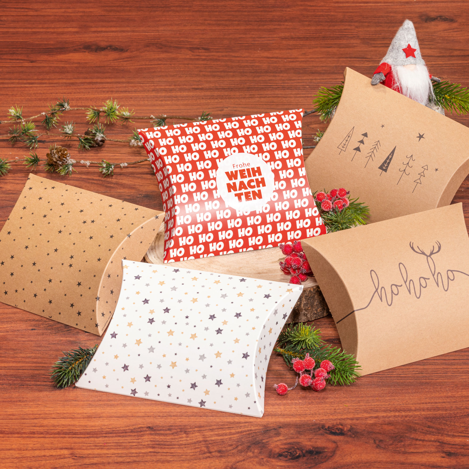 Geschenkbox Pillow natur Ho,Ho 150x145x40mm aus Kraftkarton