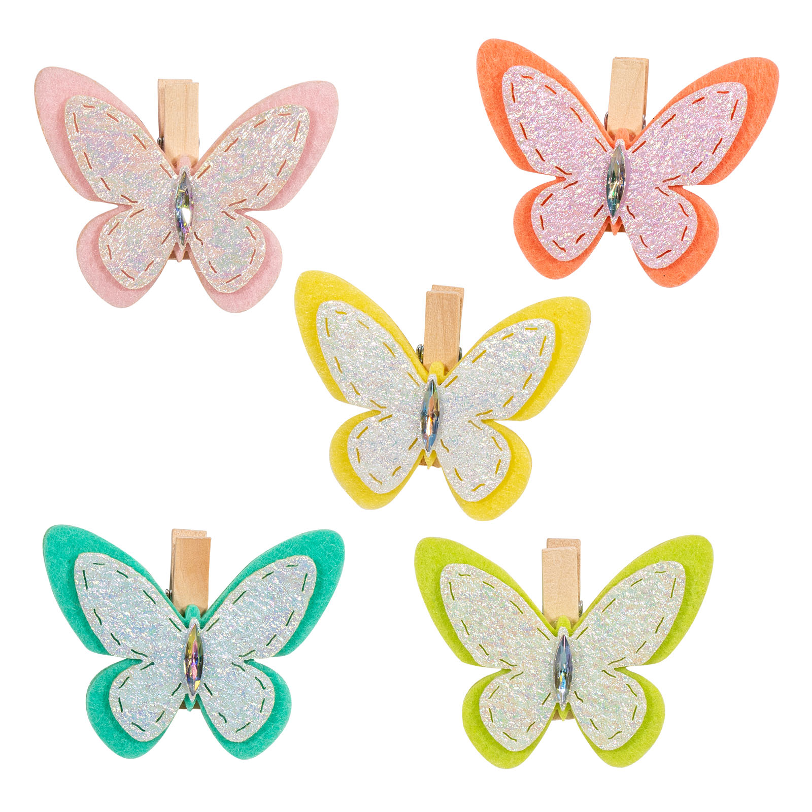 Holzklammer Butterfly 5 farbig Filz+glänzendem Stoff 4,8x6cm